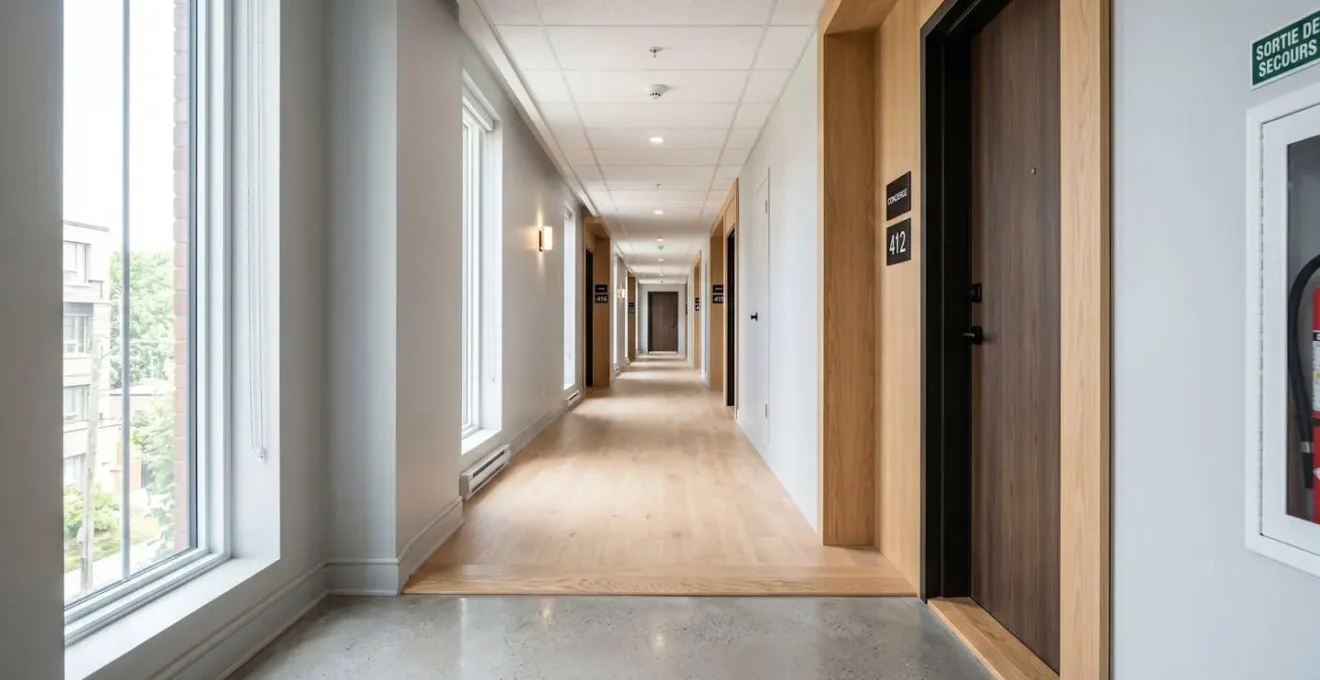 Vue grand angle d'un couloir résidentiel contemporain vide montrant une transition visible entre deux revêtements de plancher et seuil de porte au premier plan avec lumière naturelle abondante