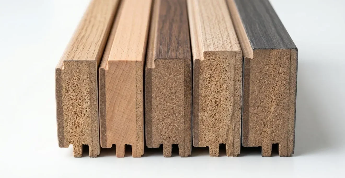 Gros plan macro sur trois échantillons de plancher flottant empilés côte à côte montrant leurs couches internes et différences d'épaisseur visibles sur fond blanc avec éclairage latéral naturel