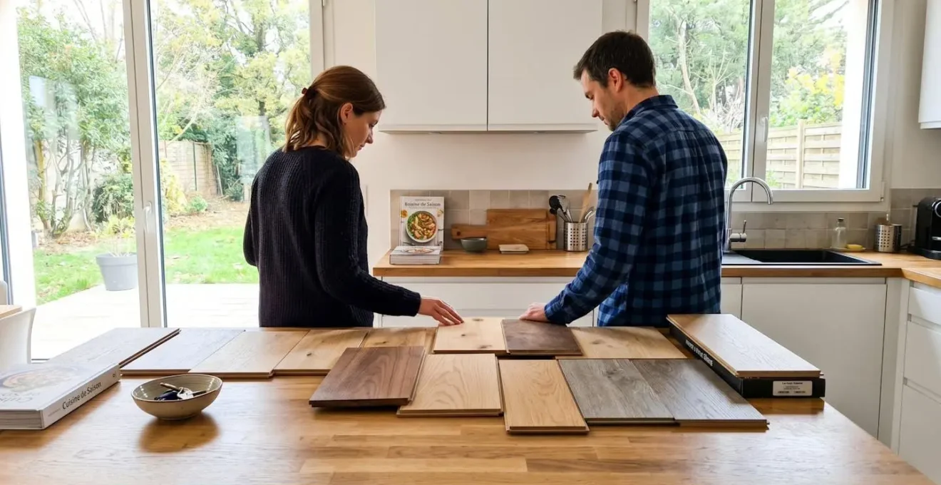 Couple vu de dos ou de profil examinant des échantillons de plancher flottant posés sur îlot de cuisine contemporaine lumineuse avec fenêtres et luminaires naturels visibles