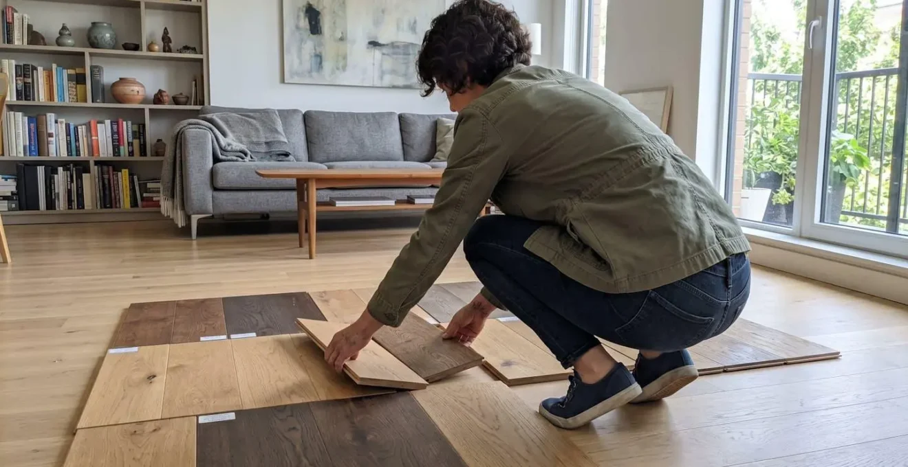 Personne vue de dos accroupie examinant des échantillons de plancher flottant dans un salon contemporain lumineux avec mobilier visible en arrière-plan