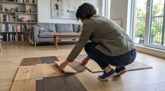 Personne vue de dos accroupie examinant des échantillons de plancher flottant dans un salon contemporain lumineux avec mobilier visible en arrière-plan