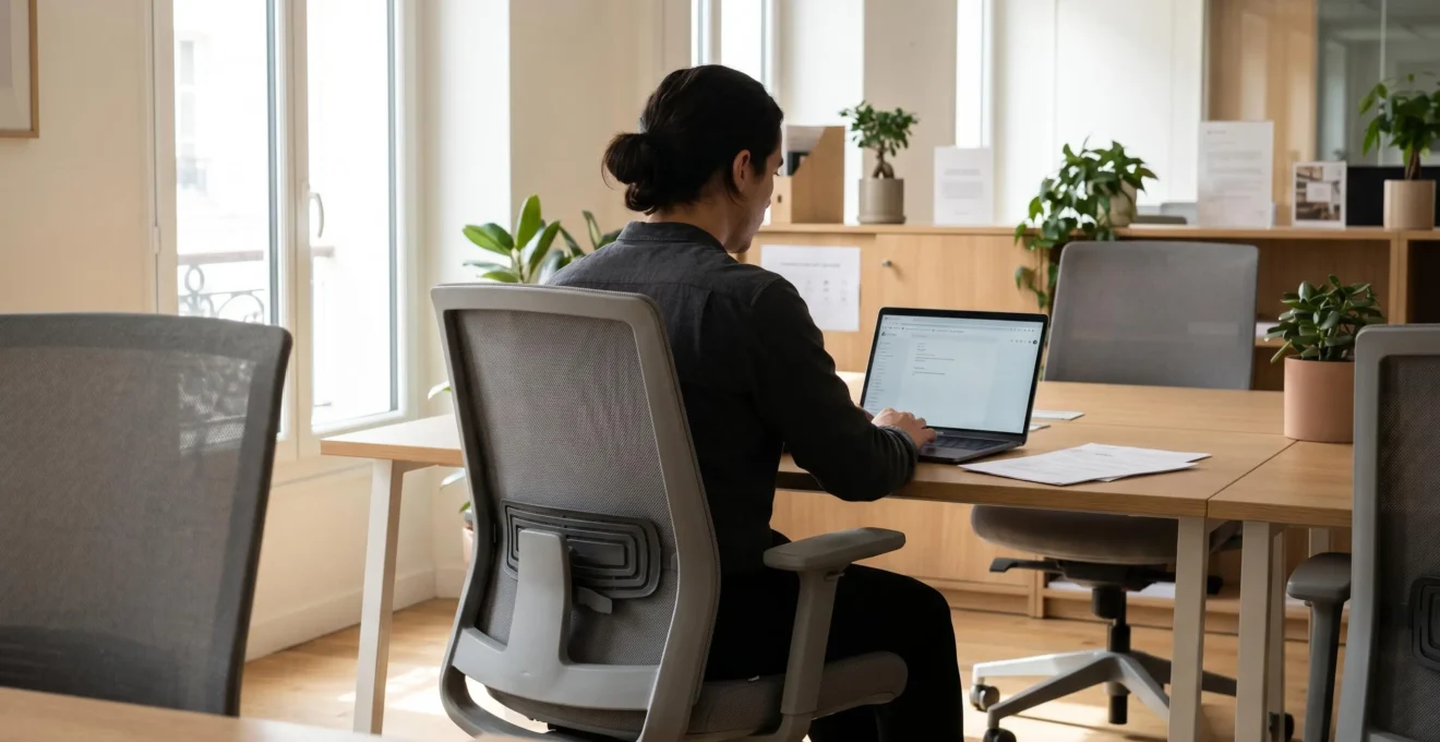 Personne travaillant sur un fauteuil de bureau ergonomique moderne dans un espace de travail contemporain lumineux avec posture alignée et soutien lombaire visible