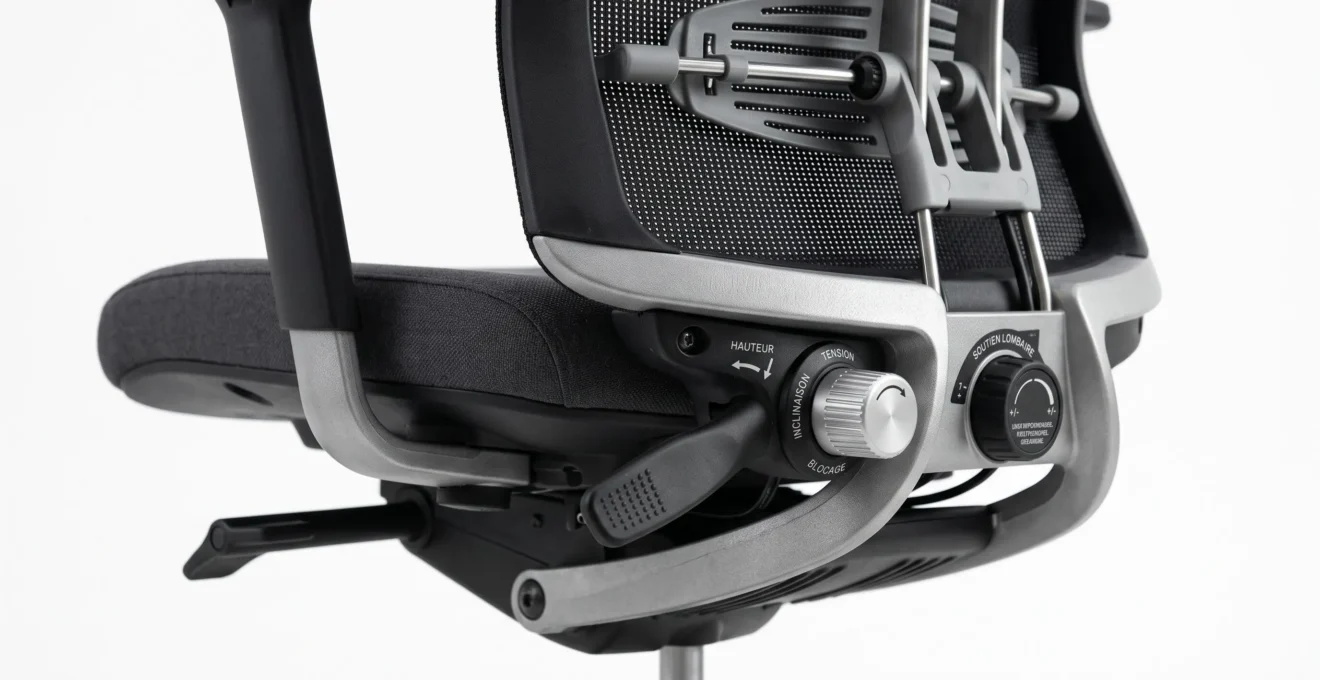 Gros plan sur les mécanismes et commandes de réglage d'un fauteuil de bureau ergonomique montrant manettes et système lombaire ajustable