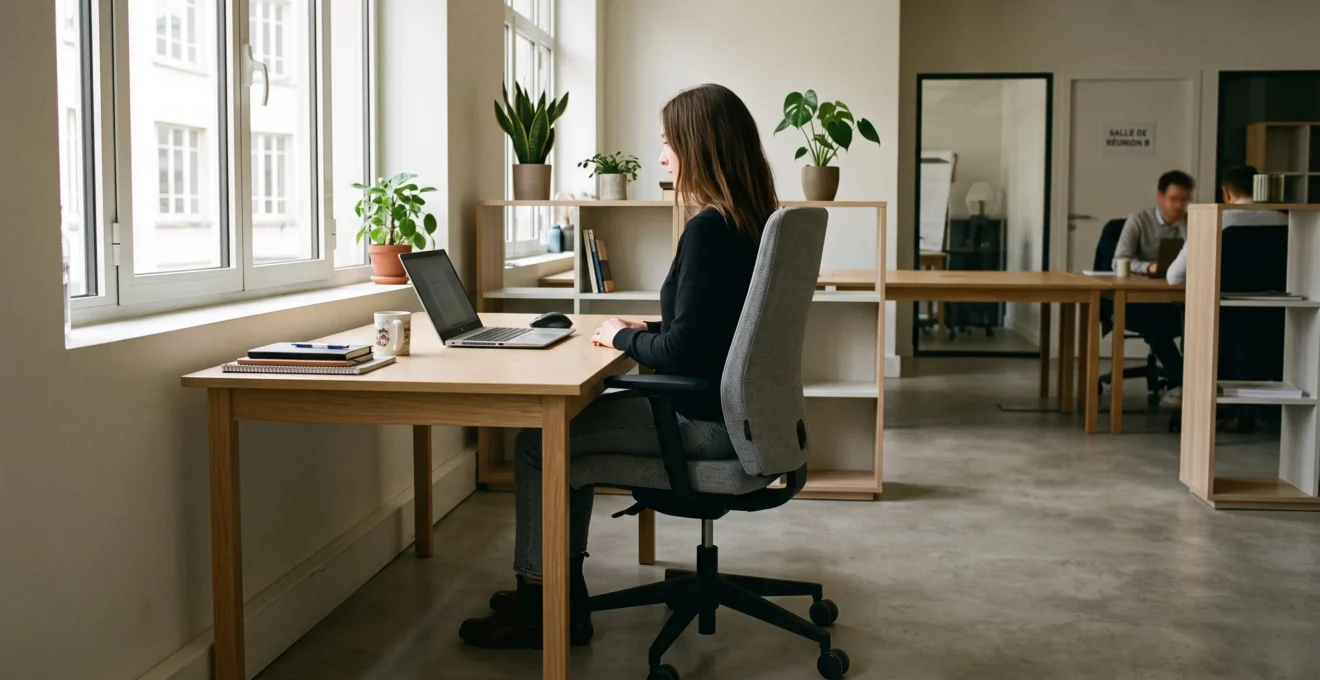 Personne travaillant sur un fauteuil de bureau ergonomique moderne dans un espace de travail contemporain lumineux avec posture alignée et soutien lombaire visible