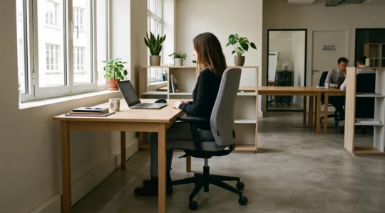 Personne travaillant sur un fauteuil de bureau ergonomique moderne dans un espace de travail contemporain lumineux avec posture alignée et soutien lombaire visible