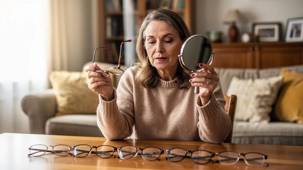 Une femme compare plusieurs paires de lunettes posées sur une table chez elle.