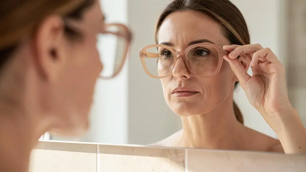 Une femme essaie une monture arrondie devant le miroir de sa salle de bain.