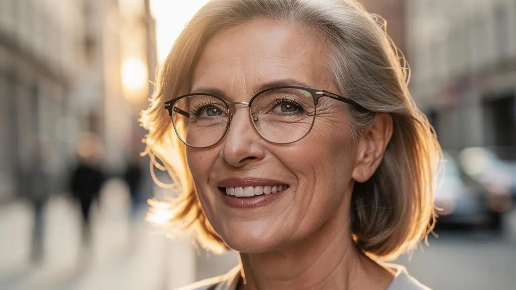 Une femme souriante porte des lunettes de vue flatteuses dans une rue ensoleillée.